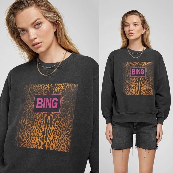 ANINE BING Ramona Leopard Graphic Distressed Sweatshirt Black Pink RARE - Picture 10 of 12